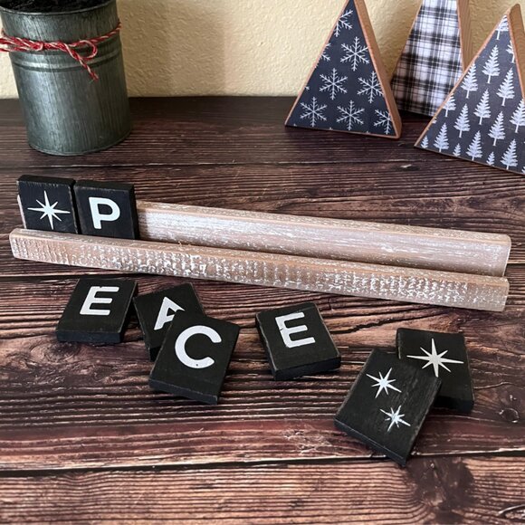 CLEARANCE!Wooden Ledgie Kit - PEACE / 12"x2.5"x1" / Black and White / Christmas - Picture 4 of 5